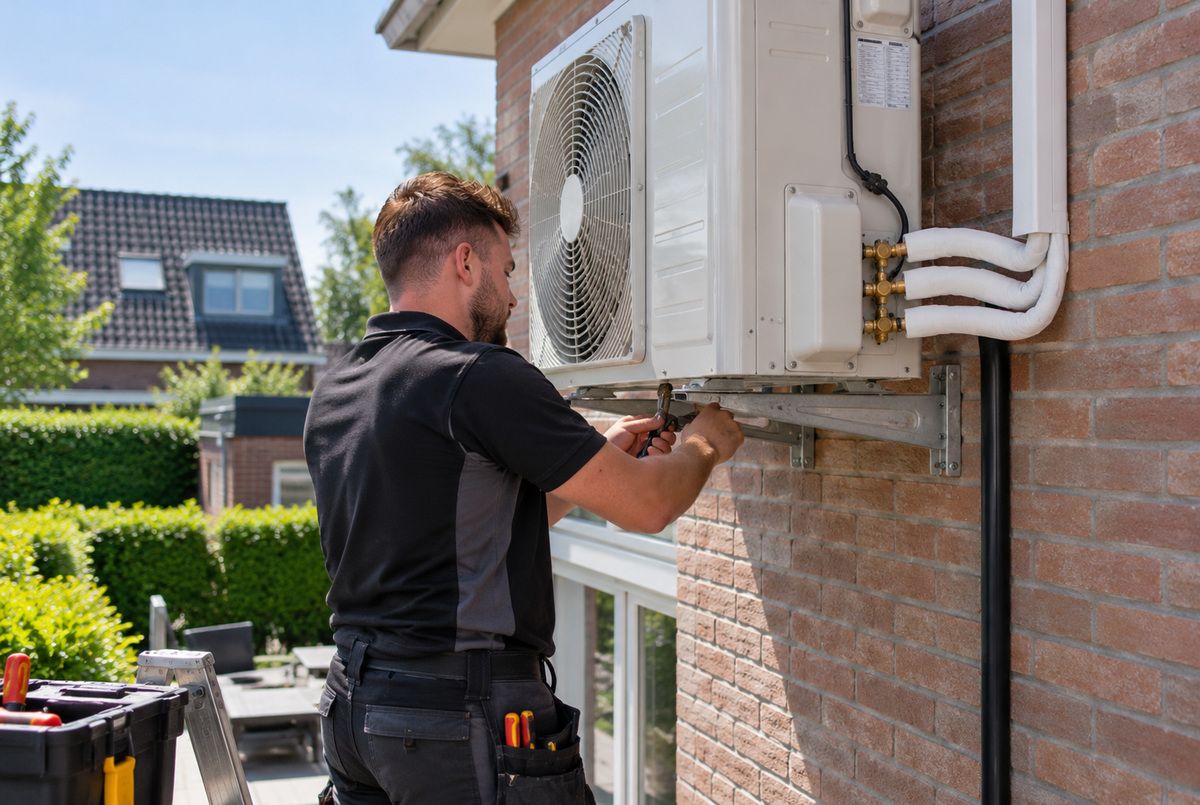 Airco buitenunit monteren aan de gevel door een gespecialiseerd installatiebedrijf Monteur bevestigt de buitenunit van een airconditioner aan een muurbeugel op de gevel van een woning