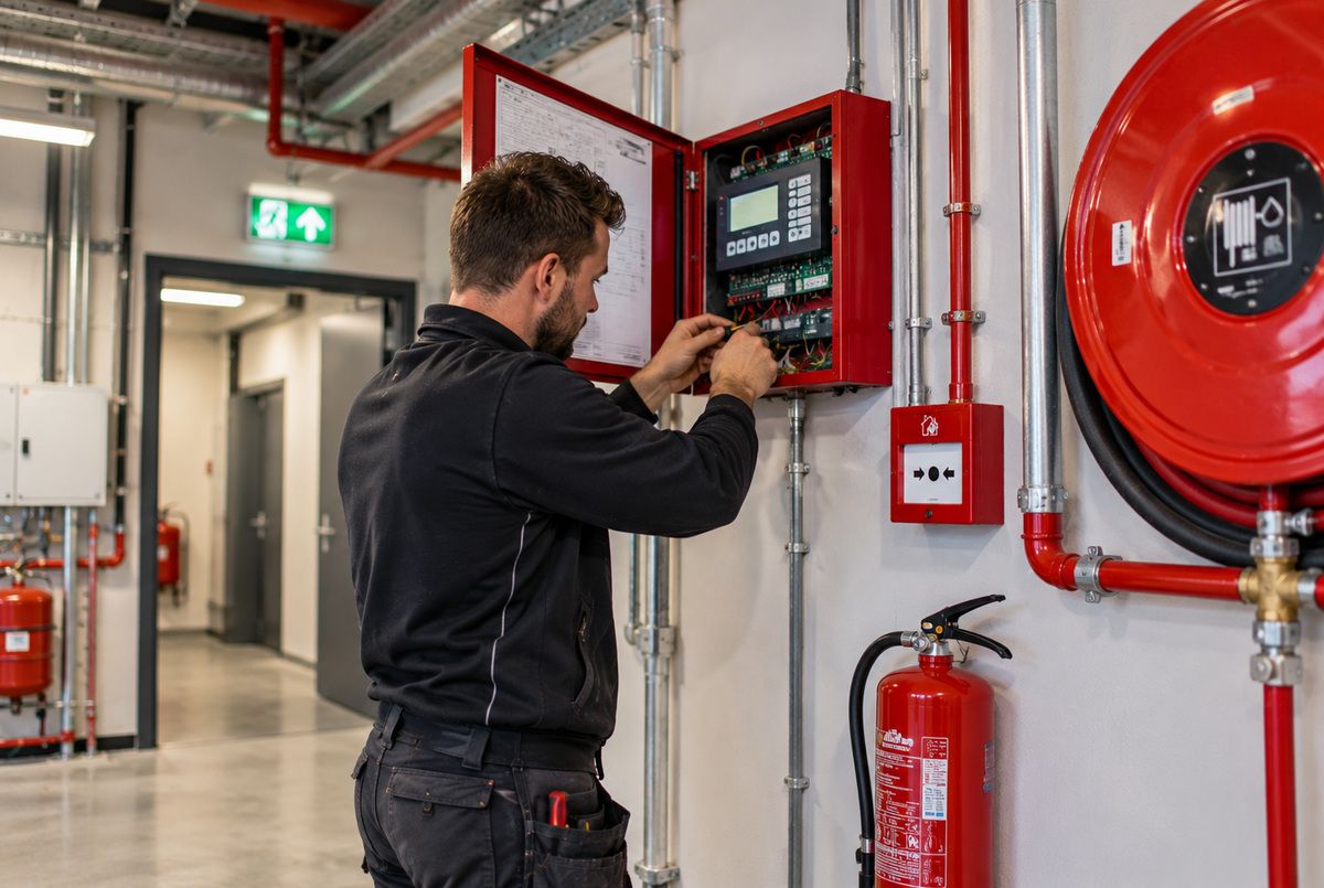 Brandmeldcentrale aansluiten en controleren door een gespecialiseerd installatiebedrijf Beveiligingsinstallateur controleert de bedrading van een brandmeldcentrale in een bedrijfspand