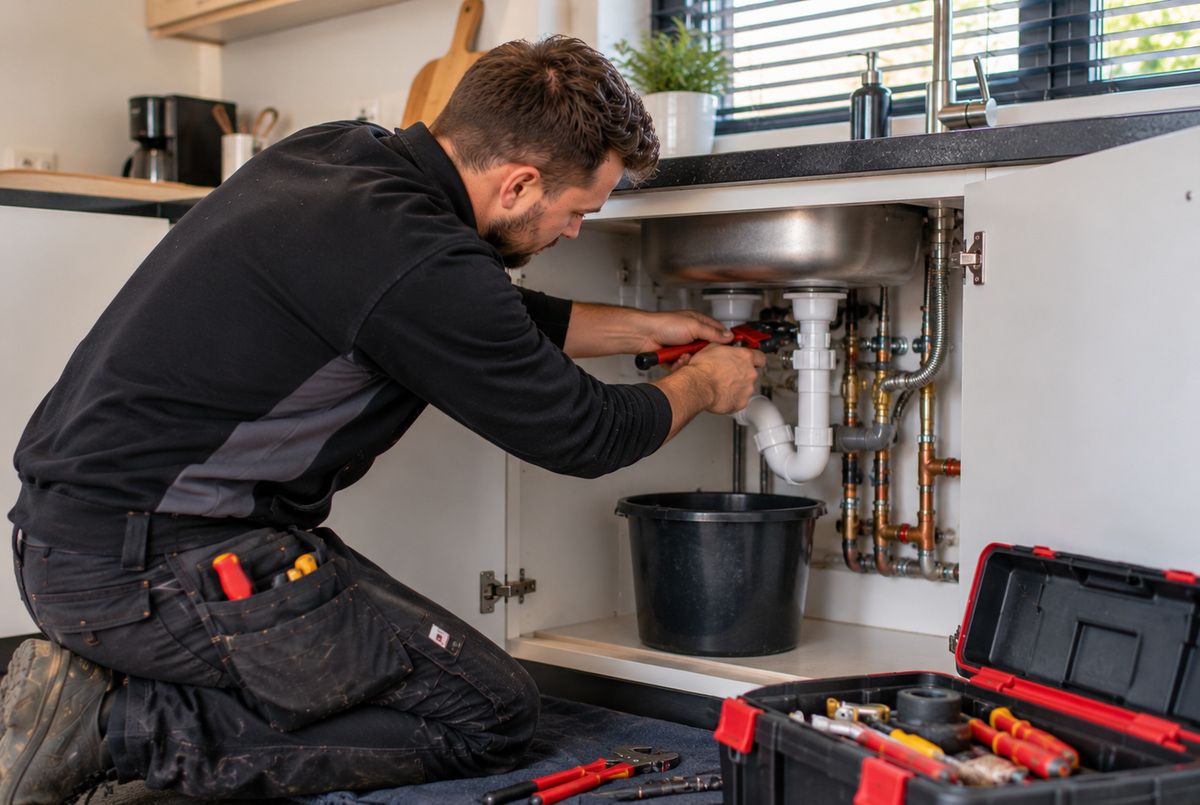 Keukenleidingen en spoelbakafvoer aansluiten door een professioneel installatiebedrijf Loodgieter werkt aan de waterleidingen en afvoeraansluitingen onder een dubbele spoelbak in een moderne keuken