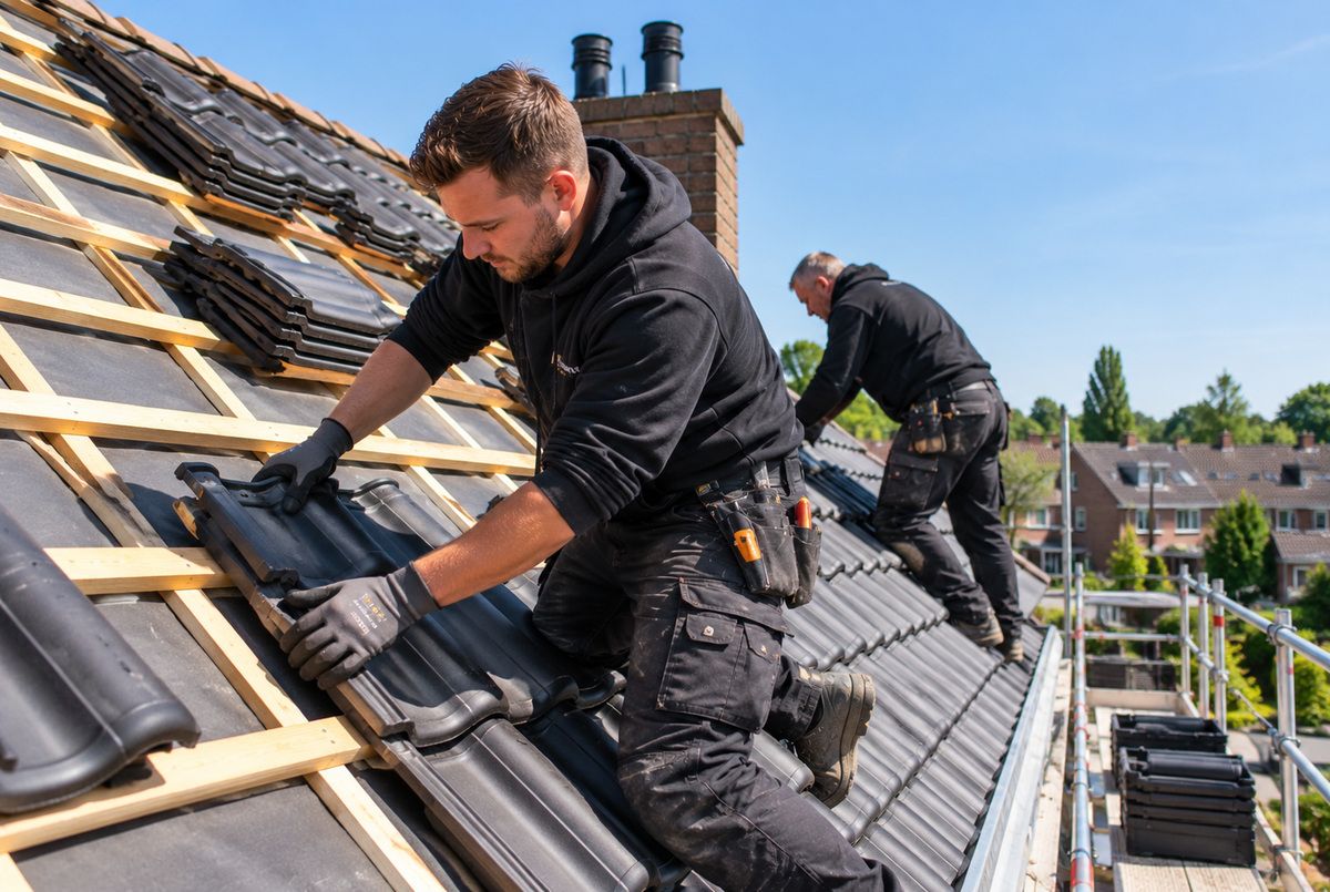 Pannendak vernieuwen en nieuwe dakbedekking aanbrengen door ervaren dakdekkers Twee dakdekkers plaatsen nieuwe zwarte dakpannen op de daklatten tijdens het vernieuwen van een schuin pannendak