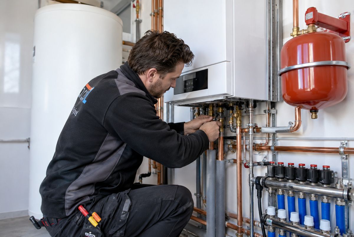 Verwarmingsketel aansluiten op vloerverwarming en warmwatervoorziening Verwarmingsmonteur werkt aan de aansluitingen van een verwarmingsketel naast een warmwatervat en een verdeler voor vloerverwarming