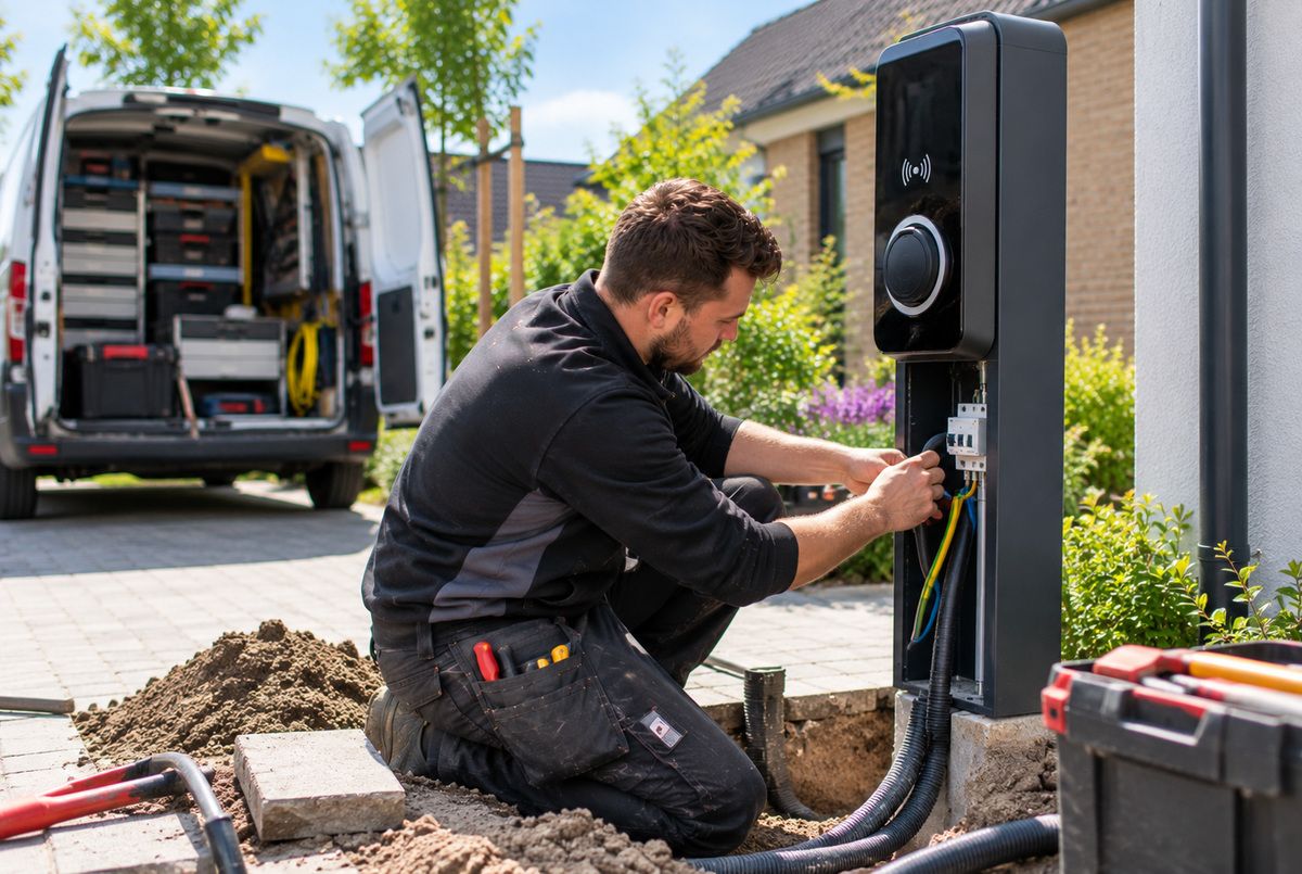 Vrijstaande laadpaal plaatsen en elektrisch aansluiten door een erkend installatiebedrijf Elektromonteur sluit de elektrische bedrading van een vrijstaande laadpaal aan op de oprit van een woning