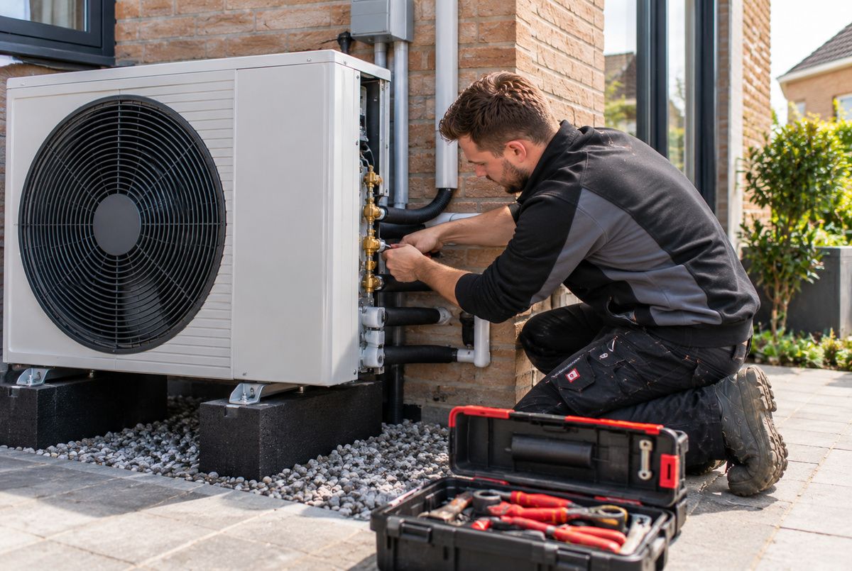 Warmtepomp buitenunit afstellen en leidingwerk controleren door een ervaren installateur Warmtepompmonteur stelt de leidingaansluitingen van een buitenunit af tijdens werkzaamheden aan een warmtepompsysteem bij een woning