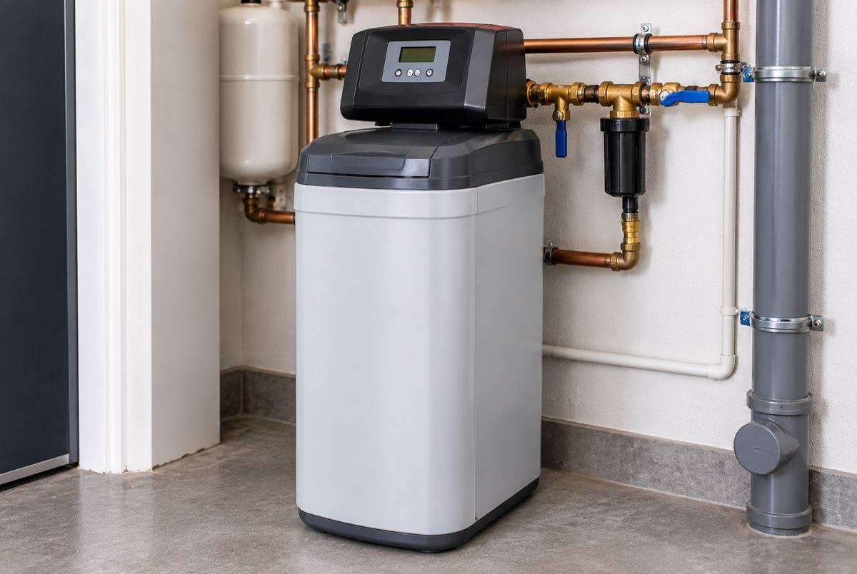 Geïnstalleerde waterontharder met digitaal bedieningspaneel, waterfilter en koperen leidingaansluitingen in de technische ruimte van een woning