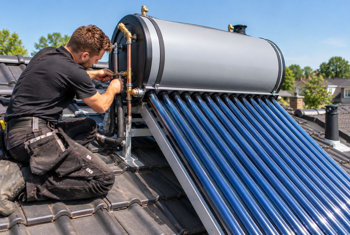 Zonneboiler met vacuümbuizen en voorraadvat monteren op het dak van een woning Installateur bevestigt de leidingaansluitingen van een zonneboiler met vacuümbuiscollectoren en een horizontaal voorraadvat op een schuin dak